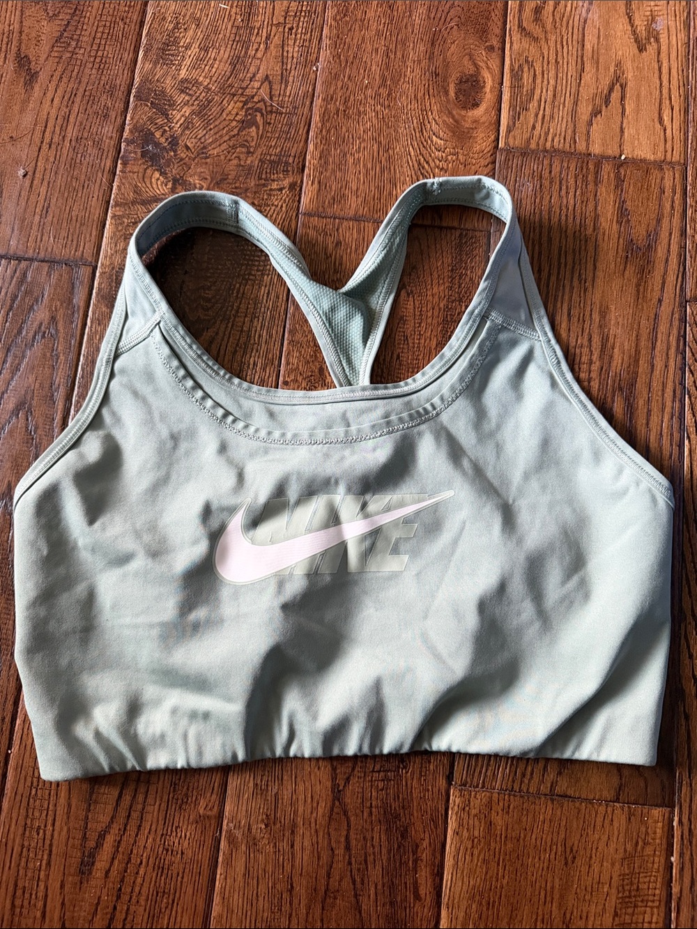 Nike Light Sage Sports Bra with Pink Swoosh Logo